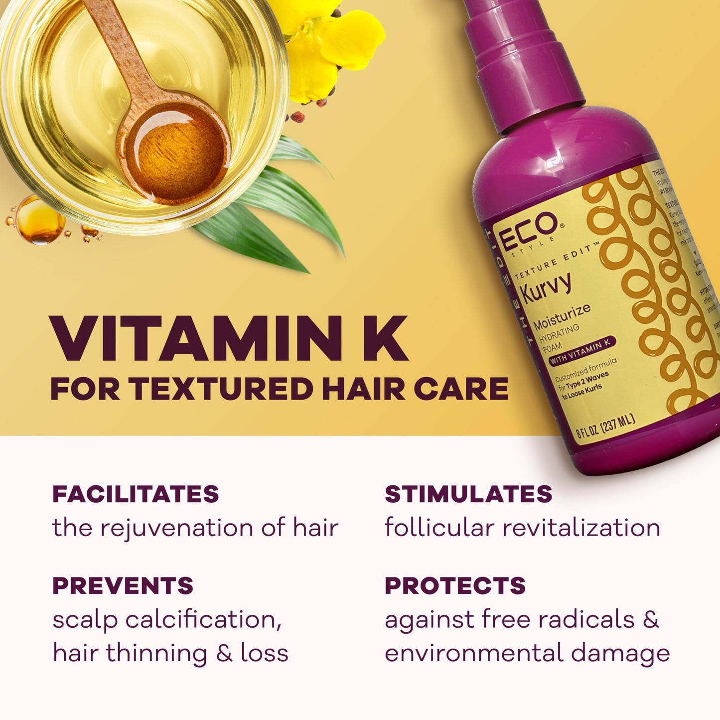 Eco Style, Texture Edit, Kurvy Moisturize Hydrating Foam for Type 2a to 2c wavy hair - Prep your hair for any style with lightweight leave in Beauty & Personal Care Eco Style