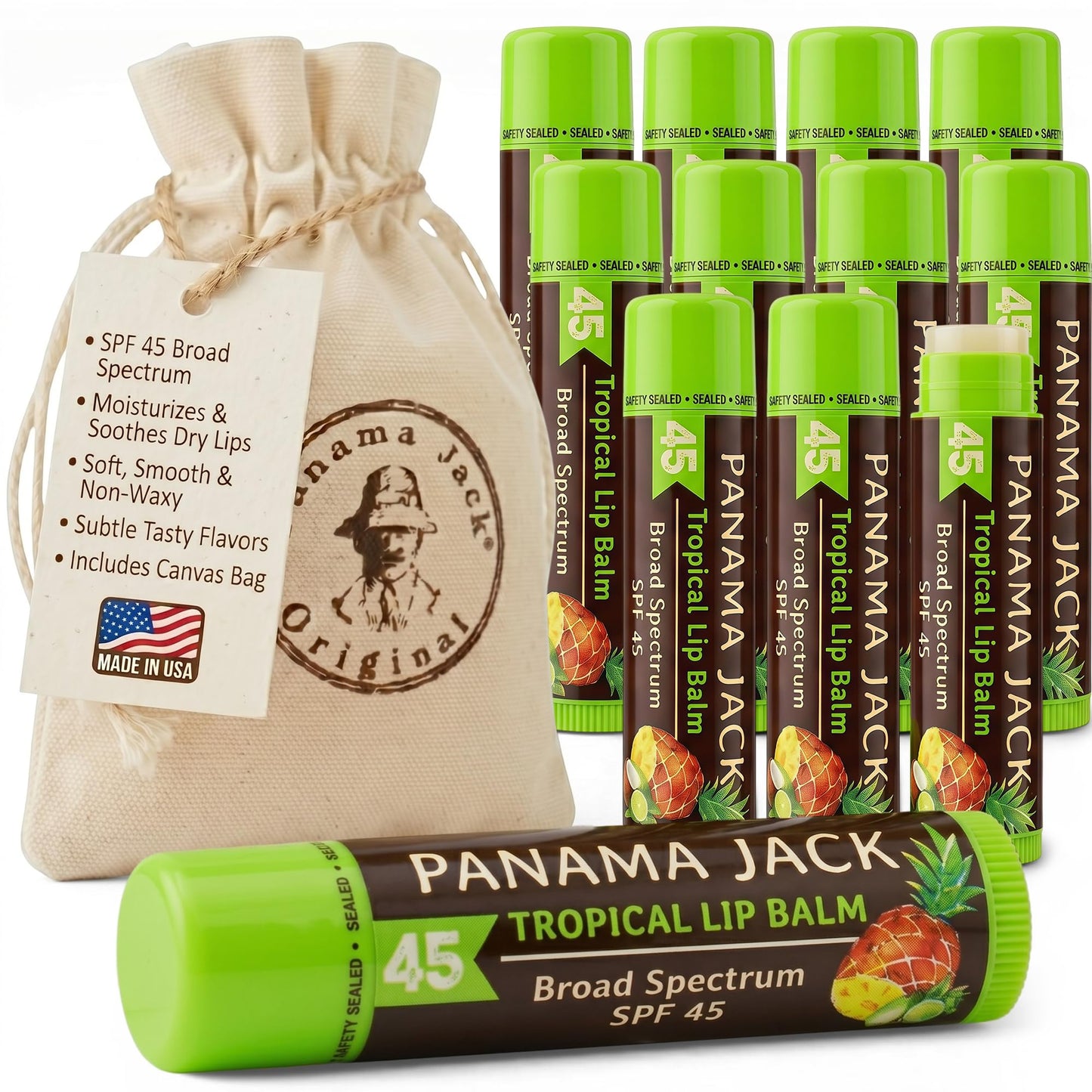 Panama Jack Sunscreen Lip Balm - SPF 45, Broad Spectrum UVA-UVB Sunscreen Protection, Prevents & Soothes Dry, Chapped Lips, Tropical, 12-pack Beauty and Personal Care Panama Jack