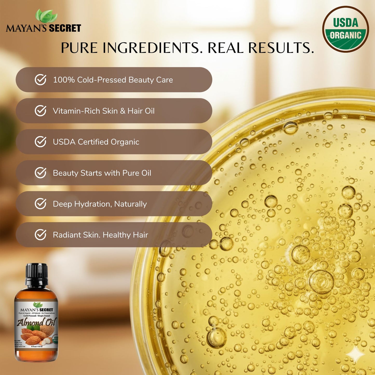 Mayan's Secret - 100% Organic Sweet Almond Oil for Skin Hair, Face - Cold Pressed Pure Almond Essential Oil (4 fl. oz.) Beauty & Personal Care Mayan's Secret