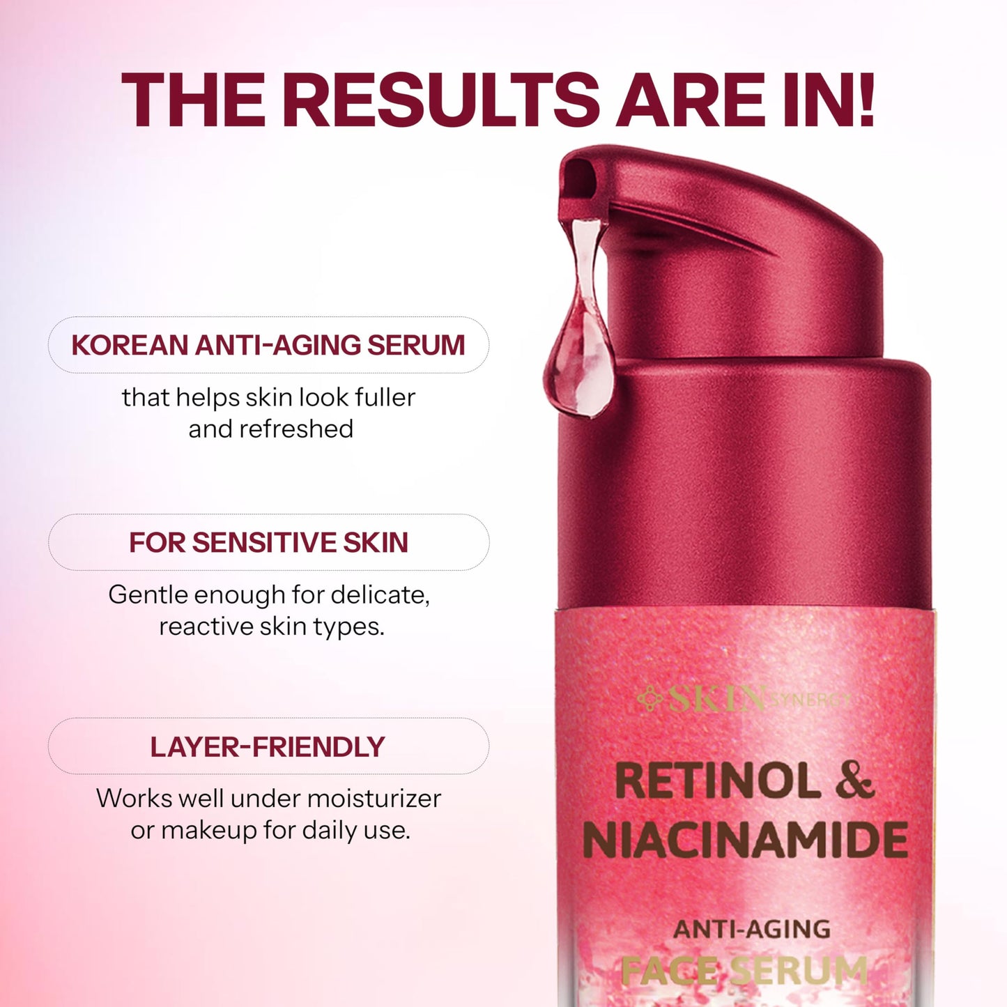 Skin Synergy Retinol & Niacinamide Serum For Face - Softens Fine Lines, Refines Pores & Evens Tone For a Smoother Look - Dermatologist Tested, Korean Beauty & Personal Care Skin Synergy