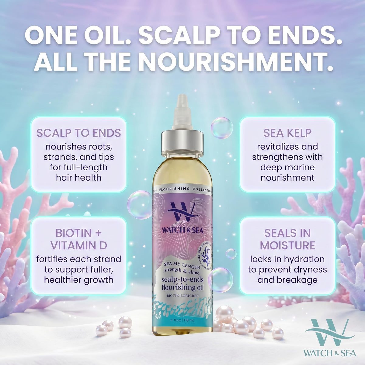 Watch & Sea Strength & Shine Scalp-to-End Flourishing Hair Oil - Strengthening Hair and Scalp Oil with Seaweed and Sea Kelp - Great for Daily Use and