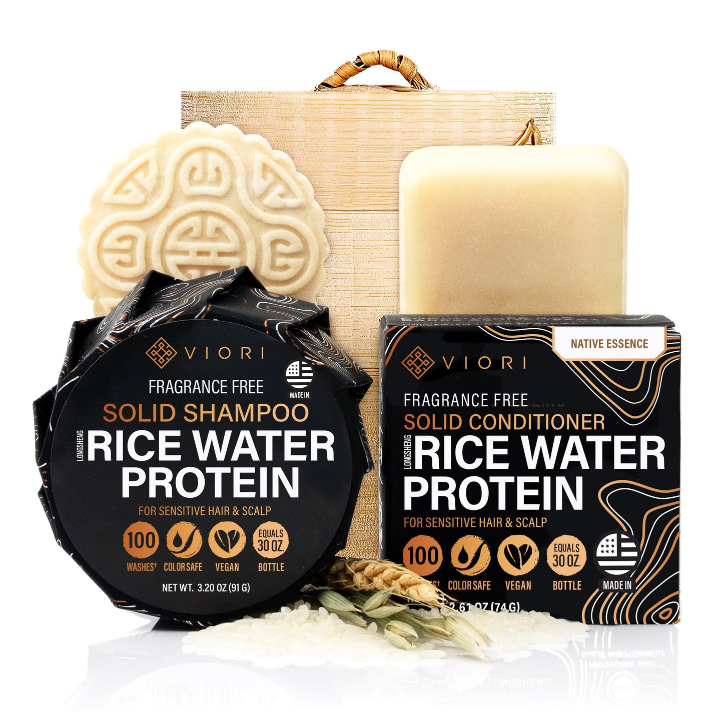 Viori Native Essence Shampoo and Conditioner Bar Set and Bamboo Holder - Made with Rice Water for Hair Growth - Handcrafted Sulfate Free Shampoo Beauty & Personal Care Viori