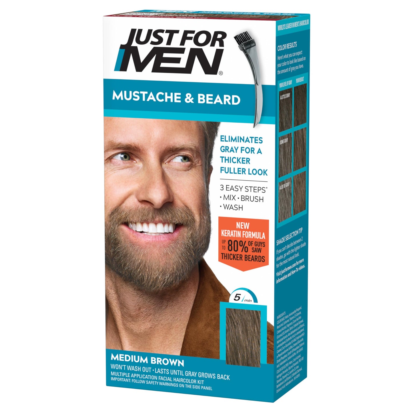 Just For Men Mustache & Beard, Beard Coloring for Gray Hair with Brush, with Keratin Biotin Aloe and Coconut Oil for Healthy Facial Hair - Medium Beauty & Personal Care Just for Men