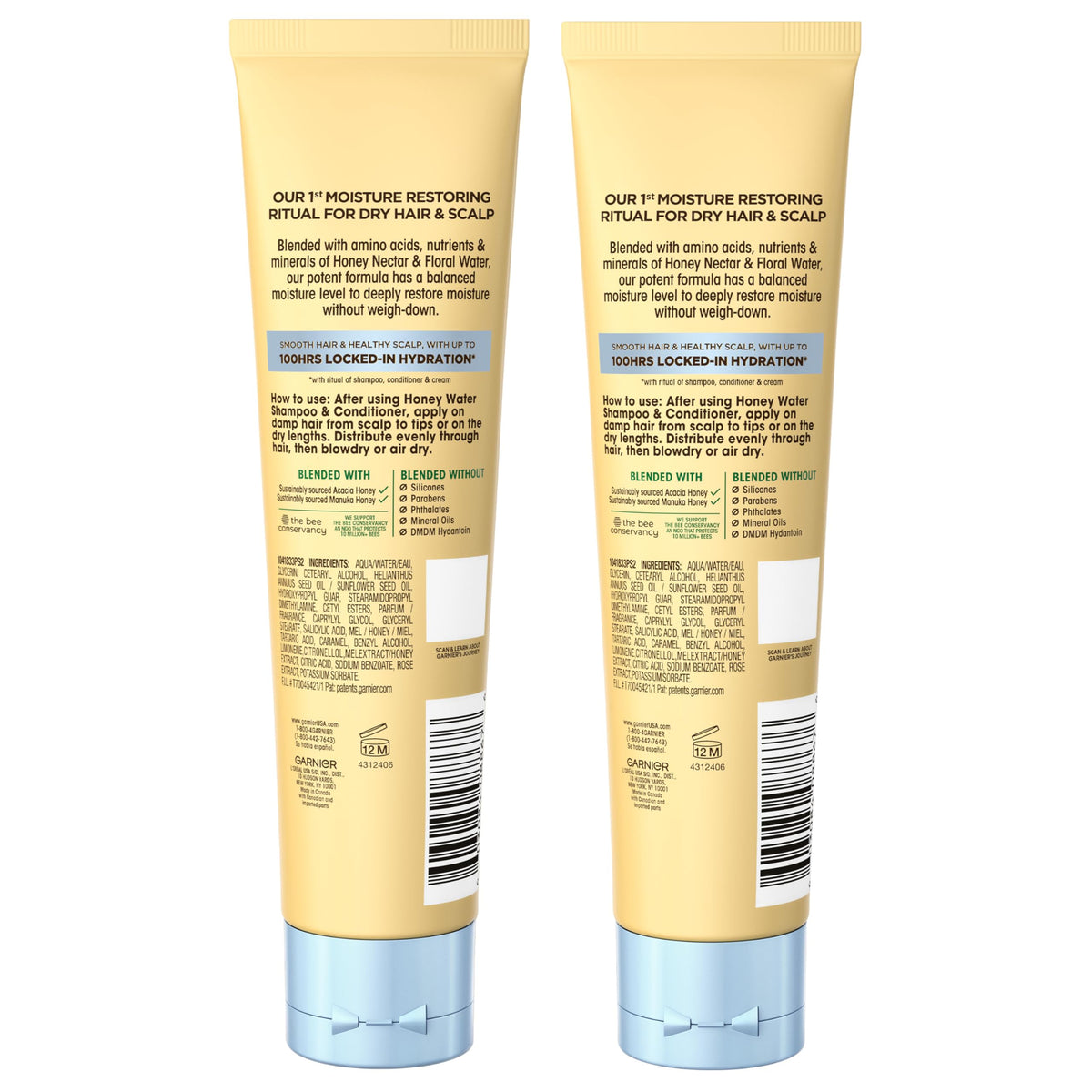 Garnier Whole Blends Honey Water Cream, 100 Hours Moisture Lock, Dry Hair, Scalp, Honey Nectar and Floral Water, Pack of 2
