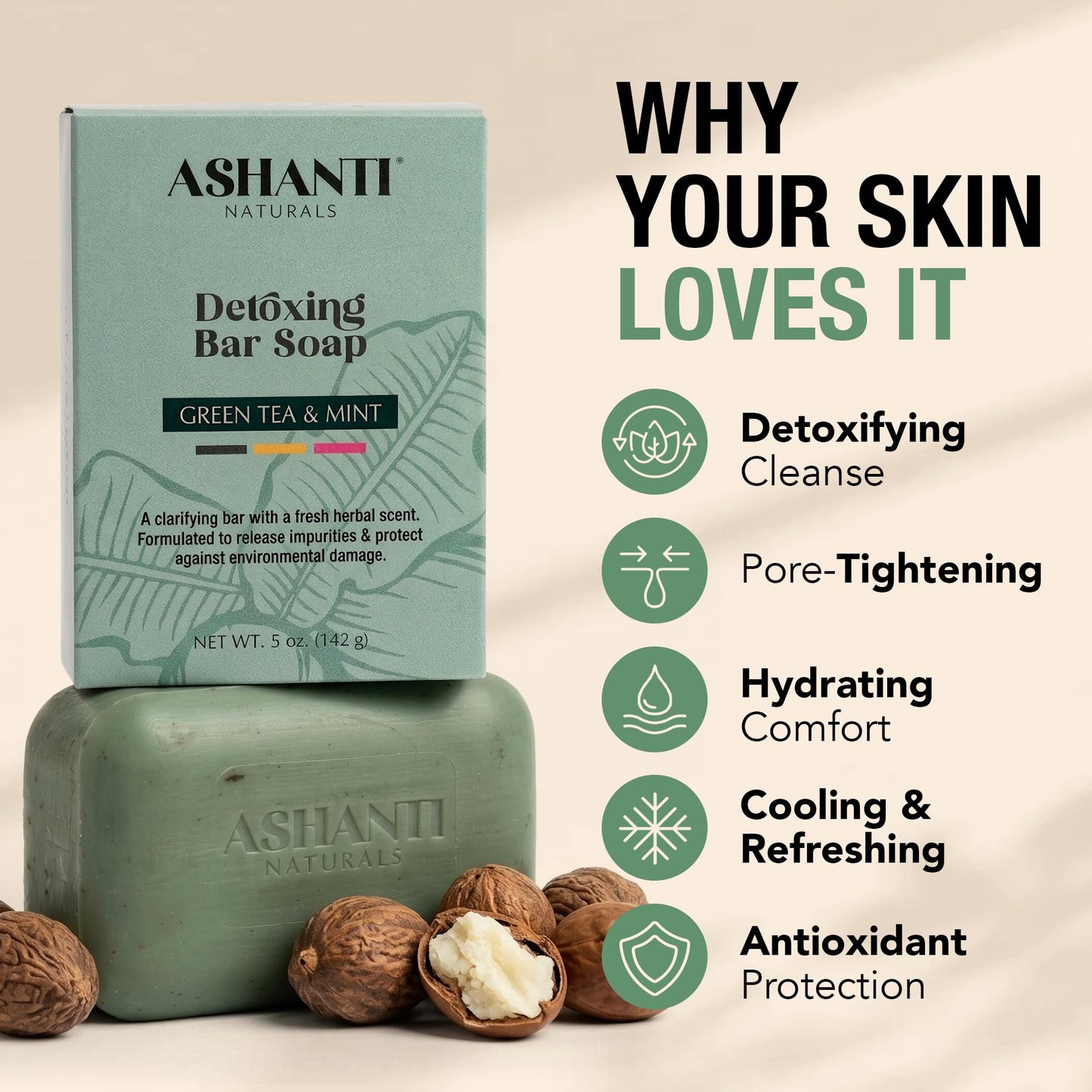 Ashanti Naturals Green Tea Soap Bar 2-Pack | Detoxing Natural Soap with Shea Butter, Olive Oil & Haxel Extract - 5 oz Beauty & Personal Care Ashanti Naturals