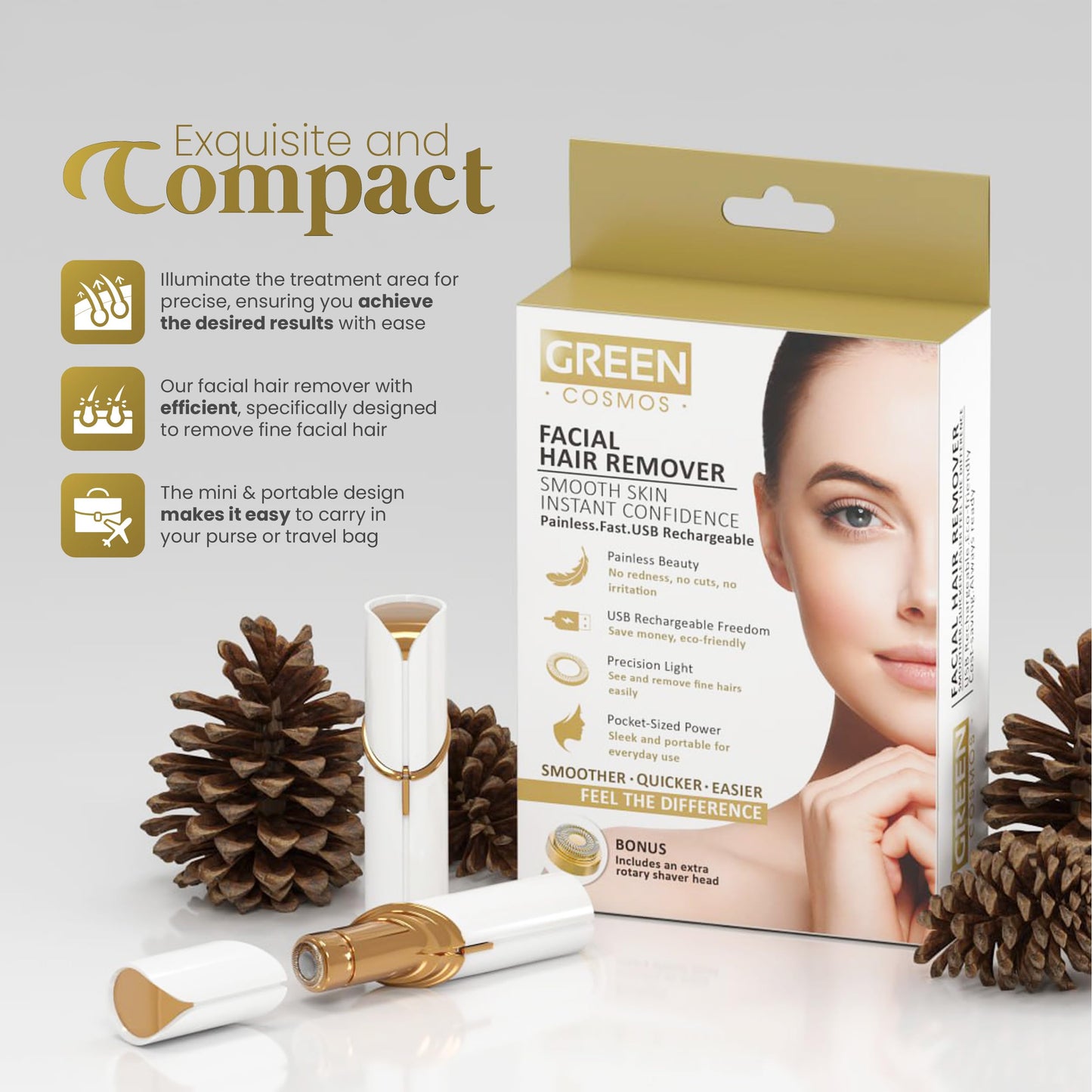 Facial Hair Remover for Women - Gentle & Painless Removal for Peach Fuzz, Lip & Chin - USB Rechargeable Beauty and Personal Care Green Cosmos