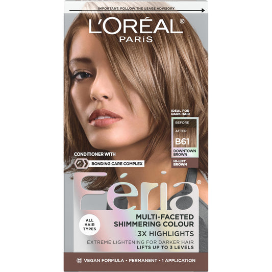 L'Oreal Paris Feria Multi-Faceted Shimmering Permanent Hair Color, B61 Downtown Brown (Hi-Lift Cool Brown), Pack of 1 Hair Dye Kit Beauty & Personal Care L'Oreal Paris