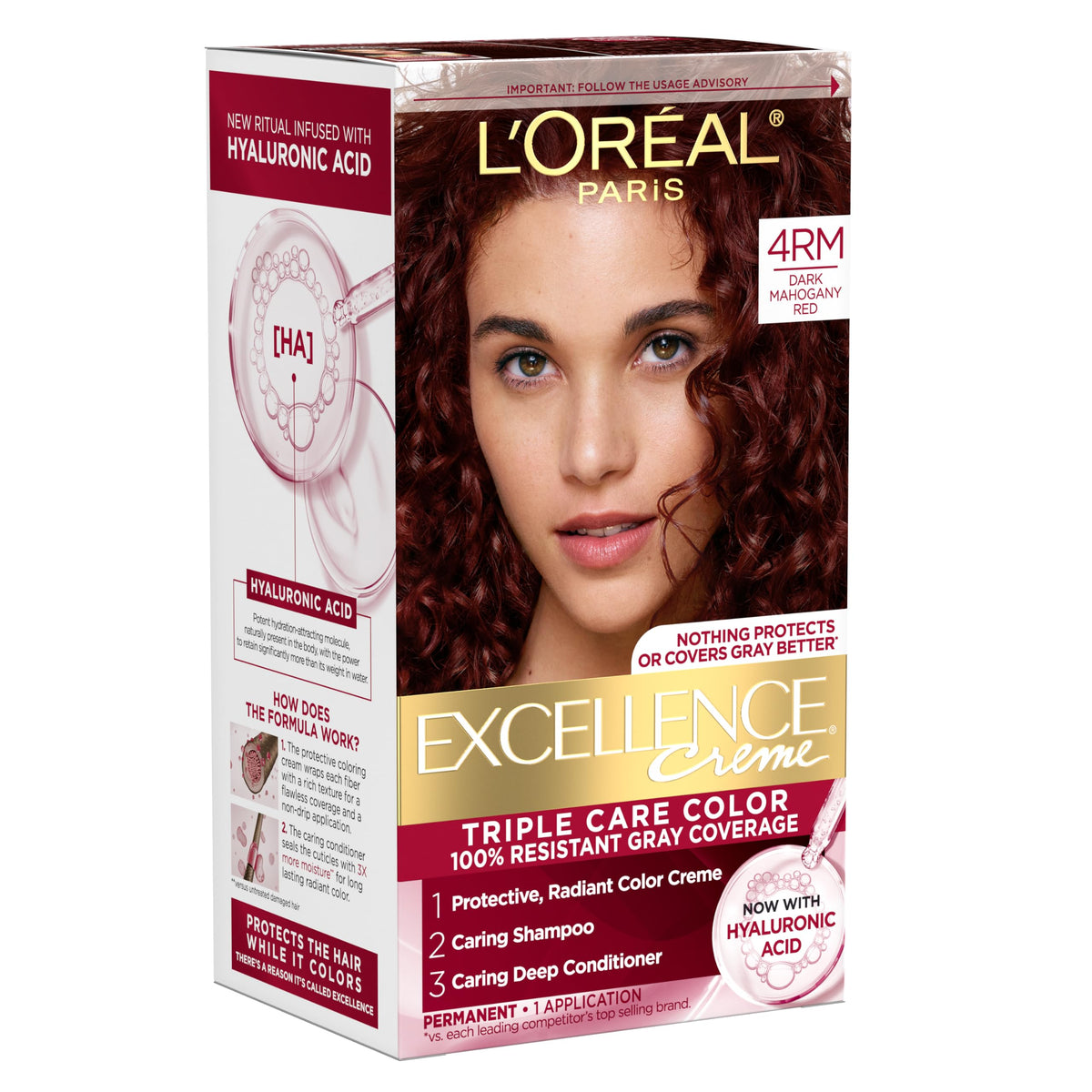 L'Oreal Paris Excellence Crème Permanent Hair Dye, Triple Care Hair Color with Hyaluronic Acid for 100% Gray Coverage, 4RM Dark Mahogany Red, 1 Kit