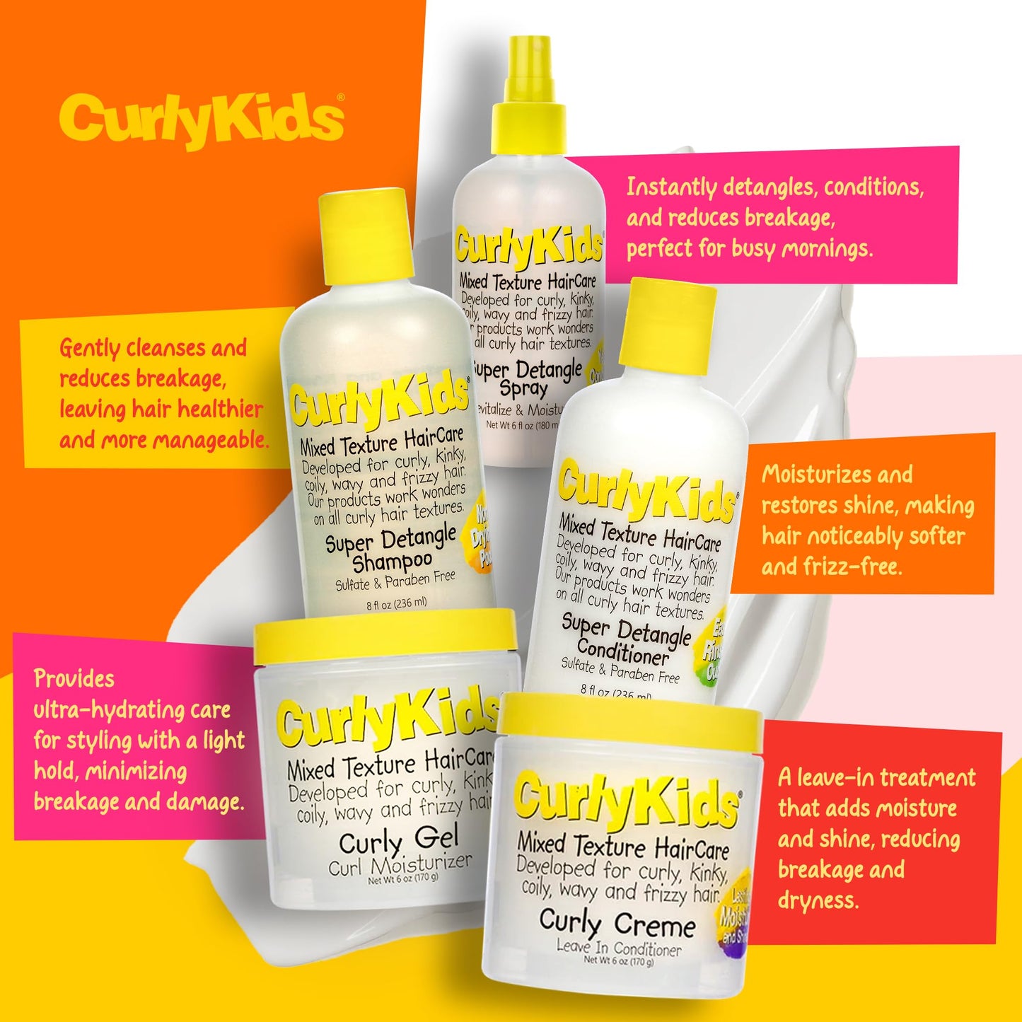 CurlyKids Super Detangle Spray Bundle with Hair Detangler Spray, Kids Shampoo, Conditioner, Gel & Creme for Curly, Frizzy, & Wavy Hair | Sulfate Beauty & Personal Care CurlyKids