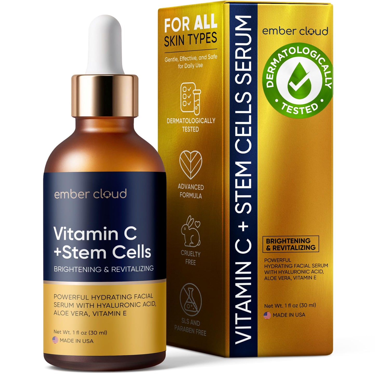 Vitamin C Serum for Face with Stem Cells Hyaluronic Acid Aloe Vera Vitamin E Anti-Aging Face Serum Supports Skin Health & Even Tone All Skin Types Beauty and Personal Care Ember Cloud