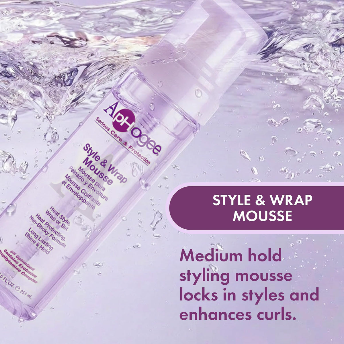 Aphogee Style & Wrap Mousse 8.5 oz - Alcohol-Free, Long-Lasting Hold, Adds Shine & Body, Heat Protection