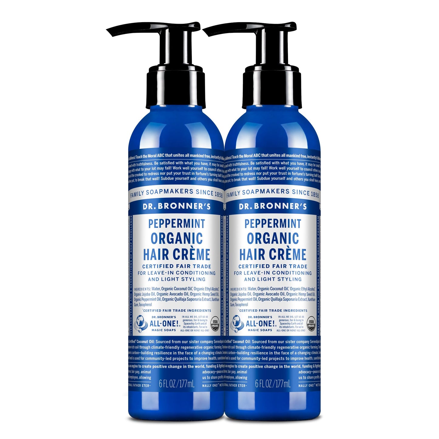 Dr. Bronner's - Organic Hair Crème (Peppermint, 6 Ounce, 2-Pack) - Leave-In Conditioner and Styling Cream, Made with Organic Oils, Hair Cream Supports Beauty & Personal Care Dr. Bronner's