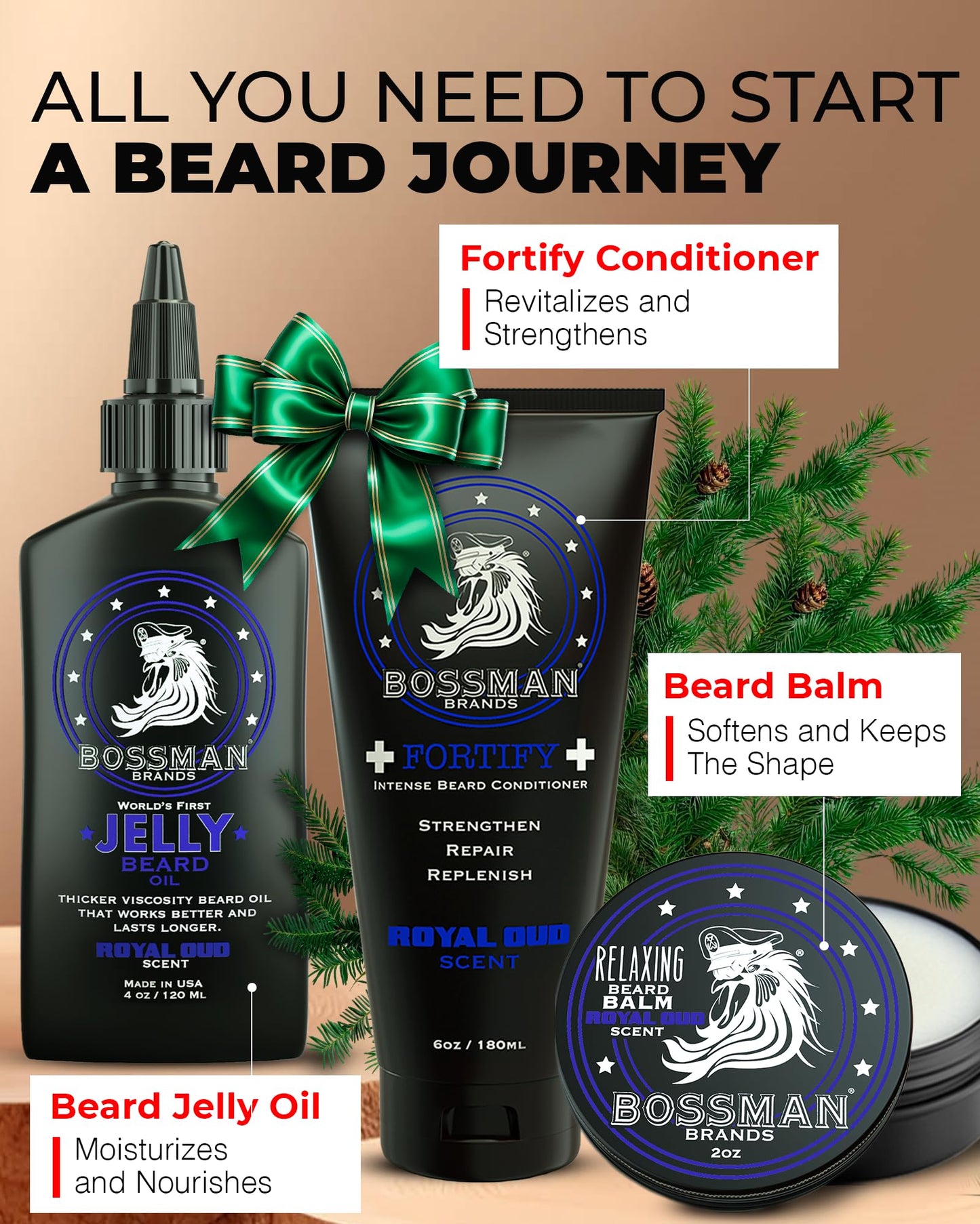 Bossman Essentials Beard Kit for Men, Set of 3 - Beard Oil Jelly, Fortifying Conditioner Cream, Beard Balm - Grooming Growth Care Accessories - Gift Beauty & Personal Care Bossman