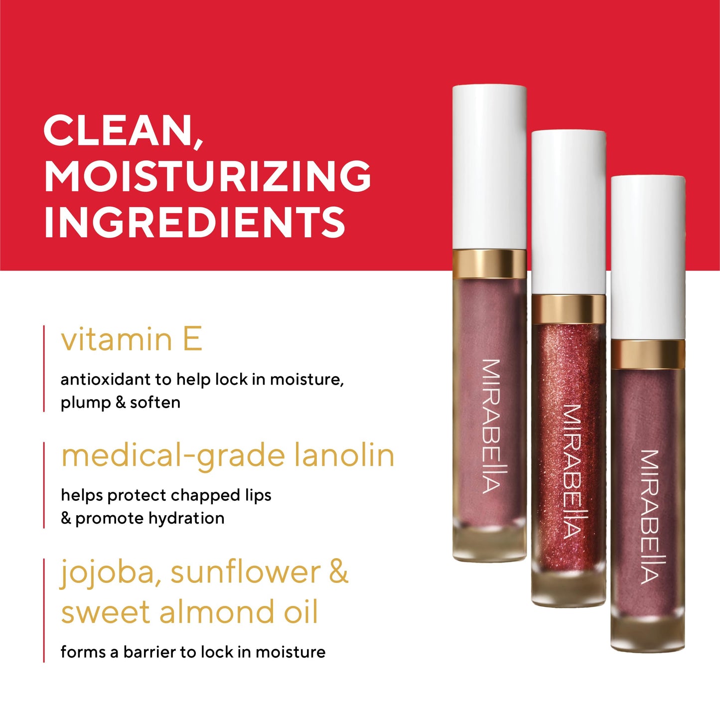 Mirabella 3 Pack Lip Gloss Trio - Highly Pigmented Shimmer Lip Gloss Non Sticky with Hydrating Medical Grade Lanolin for Chapped Lips, Lip Gloss for Beauty & Personal Care Mirabella