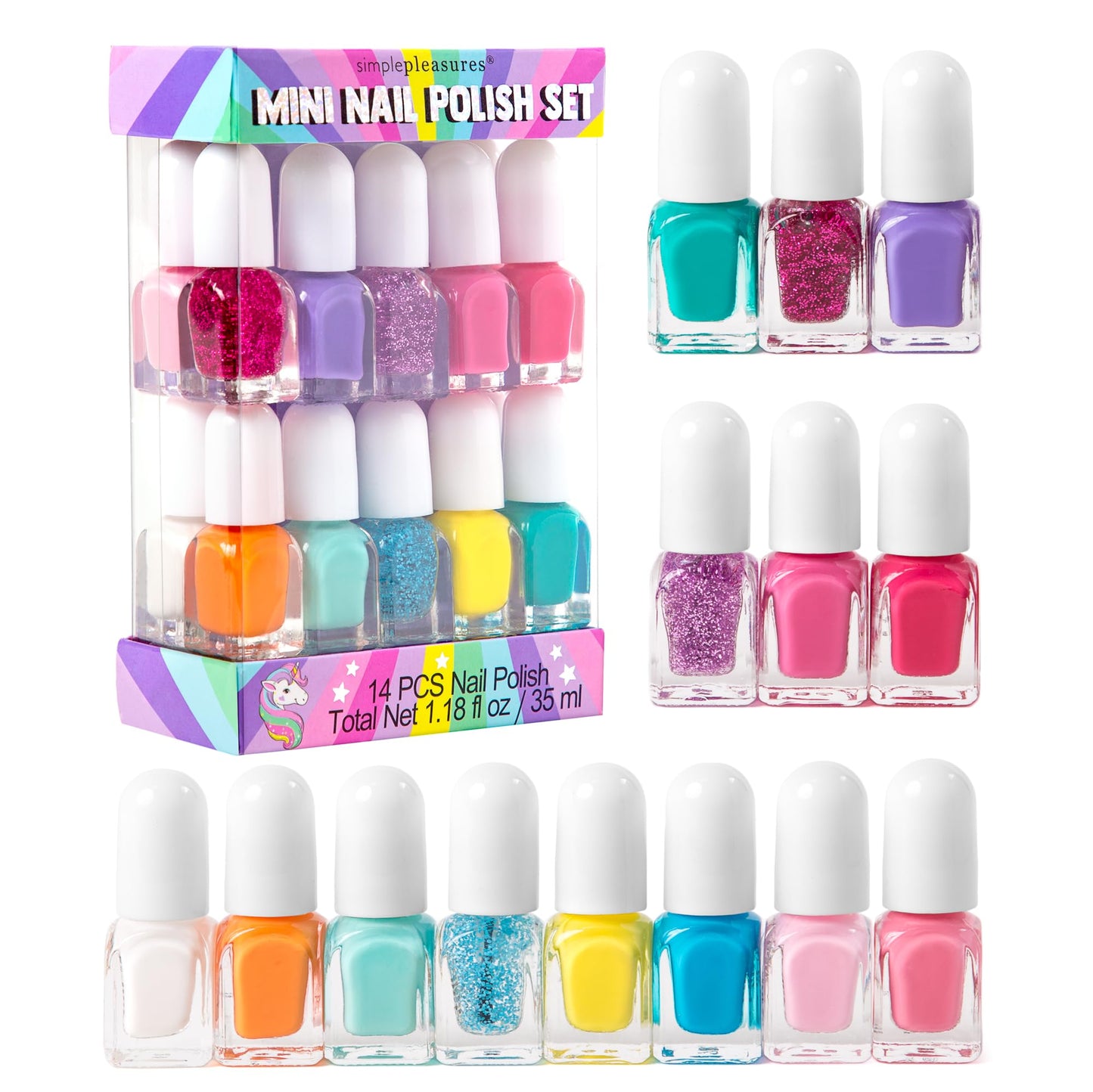 SIMPLE PLEASURES Rainbow Glitter Kids Nail Polish Set for Girls - 14 Water-Based Non -Toxic Nail Art Kit - Gift Set for Ages 7-12 Beauty & Personal Care SIMPLE PLEASURES
