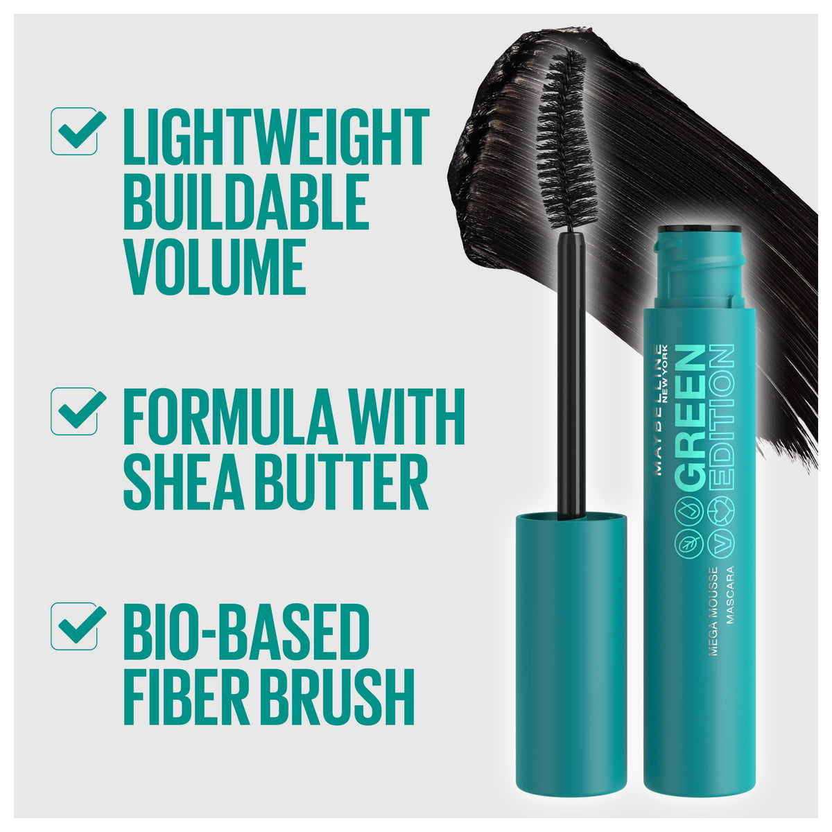 Maybelline Green Edition Mega Mousse Mascara Makeup, Smooth Buildable and Lightweight Volume, Formulated with Shea Butter, Blackest Black, 1 Count Beauty & Personal Care MAYBELLINE