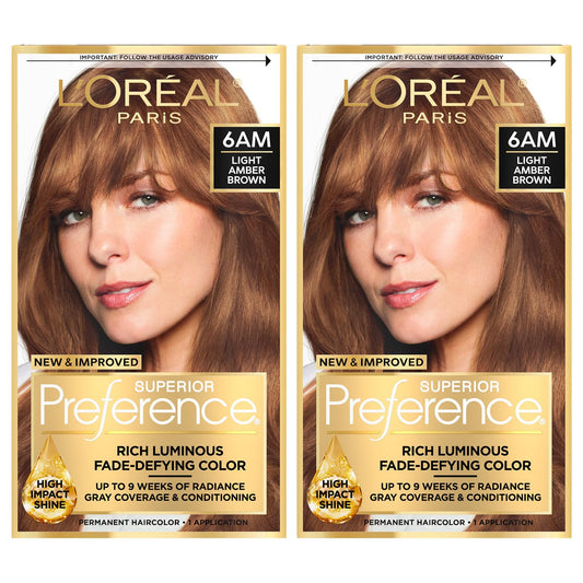 L'Oreal Paris Superior Preference Luminous Fade-Defying Permanent Hair Color, Hair Dye For Up to 9 Weeks of Radiance, 6AM Light Amber Brown, 1 Kit