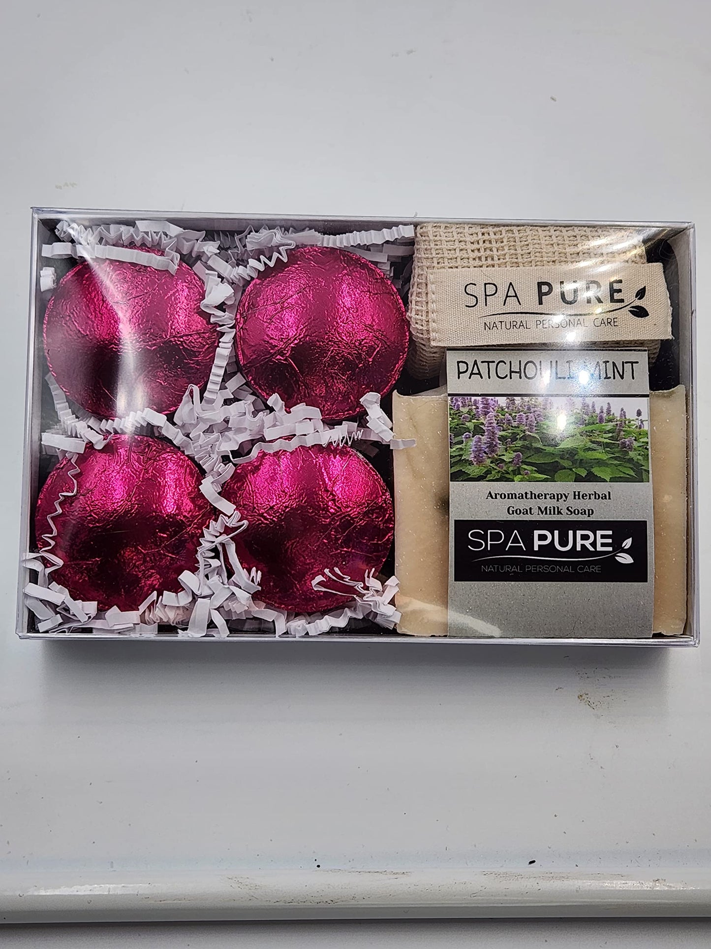 Spa Pure Aromatherapy Gift Set: Patchouli Mint Artisan soap, Shower Steamers, made with plant based ingredients, Cotton Soap & Steamer bag (Patchouli Beauty and Personal Care Spa Pure