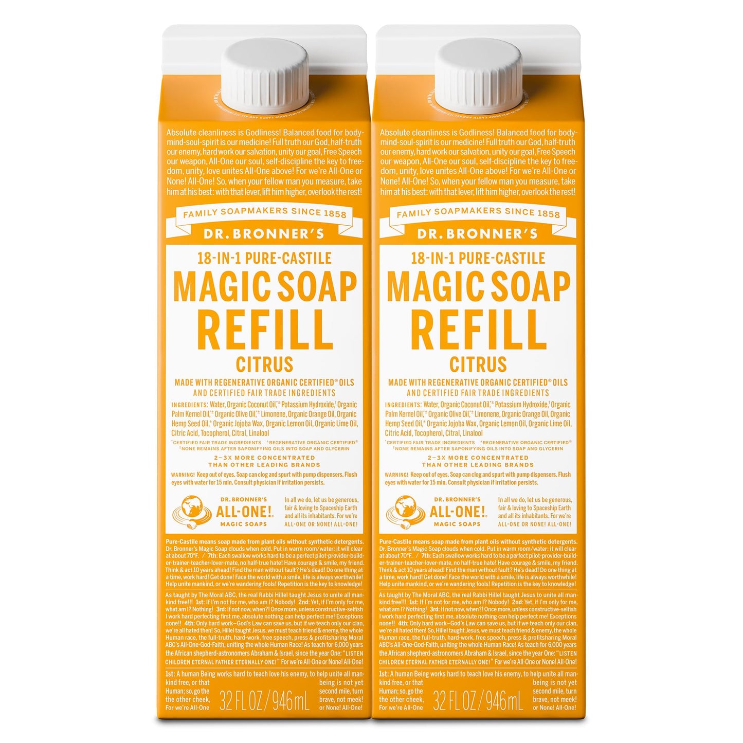 Dr. Bronner's Magic Soap-Pure-Castile Liquid Refill (Citrus, 32 ounce, 2-Pack) - Made with Regenerative Organic Certified Oils, For Body, Hair Beauty & Personal Care Dr. Bronner's