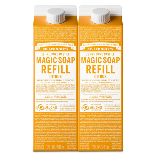 Dr. Bronner's Magic Soap-Pure-Castile Liquid Refill (Citrus, 32 ounce, 2-Pack) - Made with Regenerative Organic Certified Oils, For Body, Hair Beauty & Personal Care Dr. Bronner's