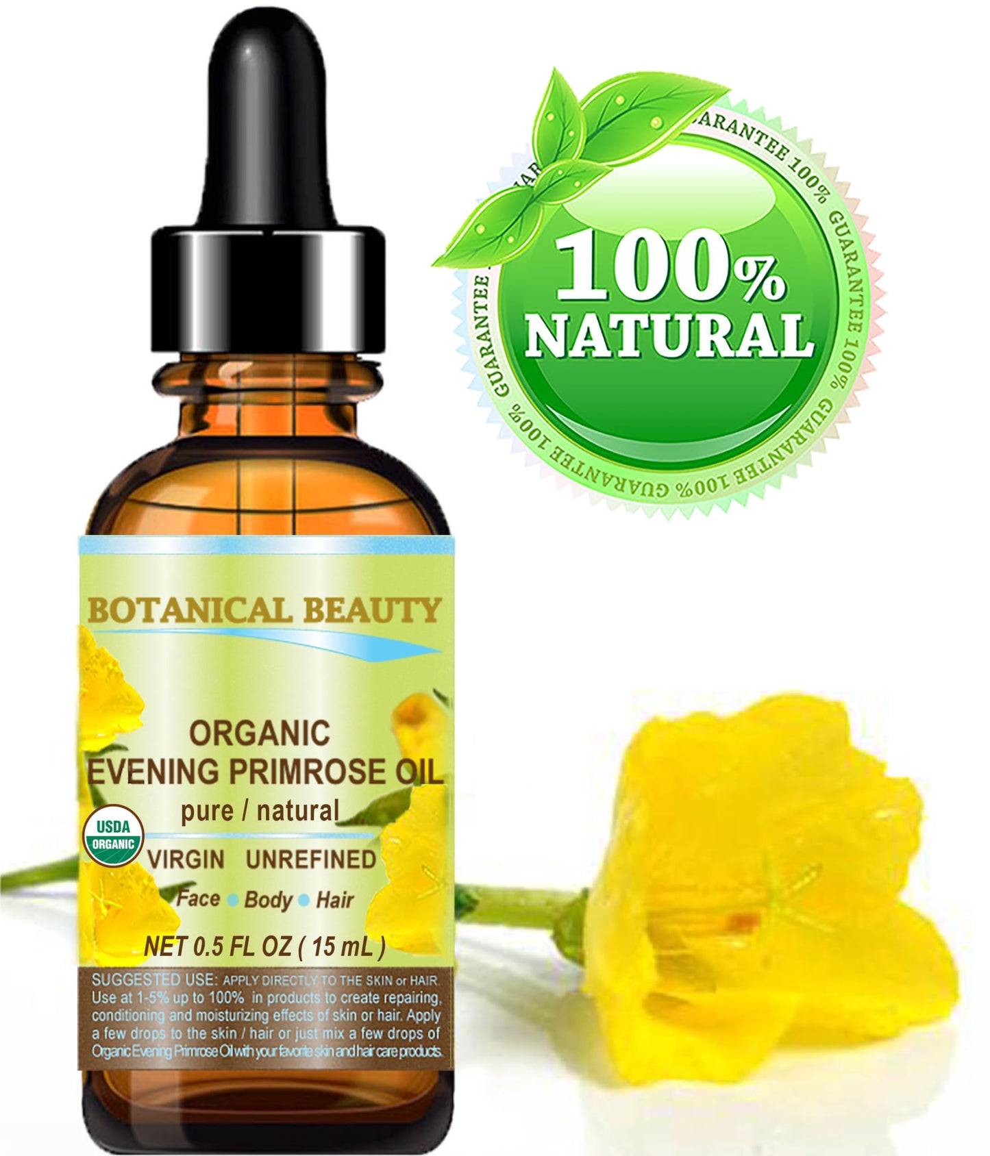 Botanical Beauty Organic EVENING PRIMROSE OIL 100% Pure Natural Undiluted Unrefined Virgin Cold Pressed Carrier Oil. 0.5 Fl.oz.- 15 ml for face, skin Beauty & Personal Care Botanical Beauty