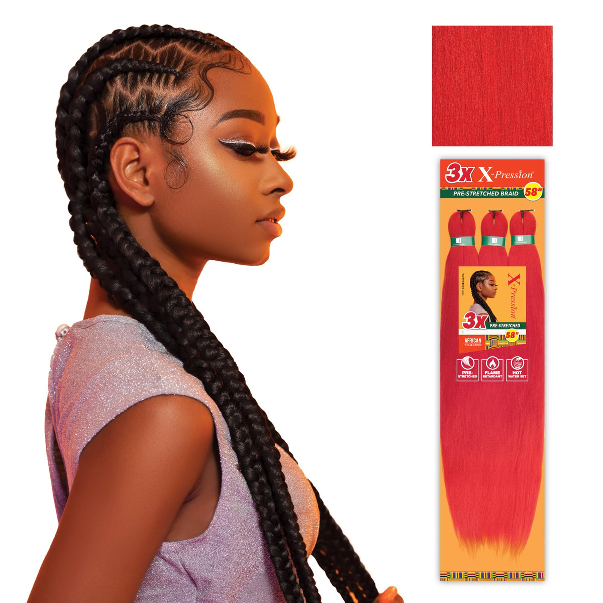 Sensationnel X-Pression Prestretched Braiding Hair-3X Braid 58in,2pk RED