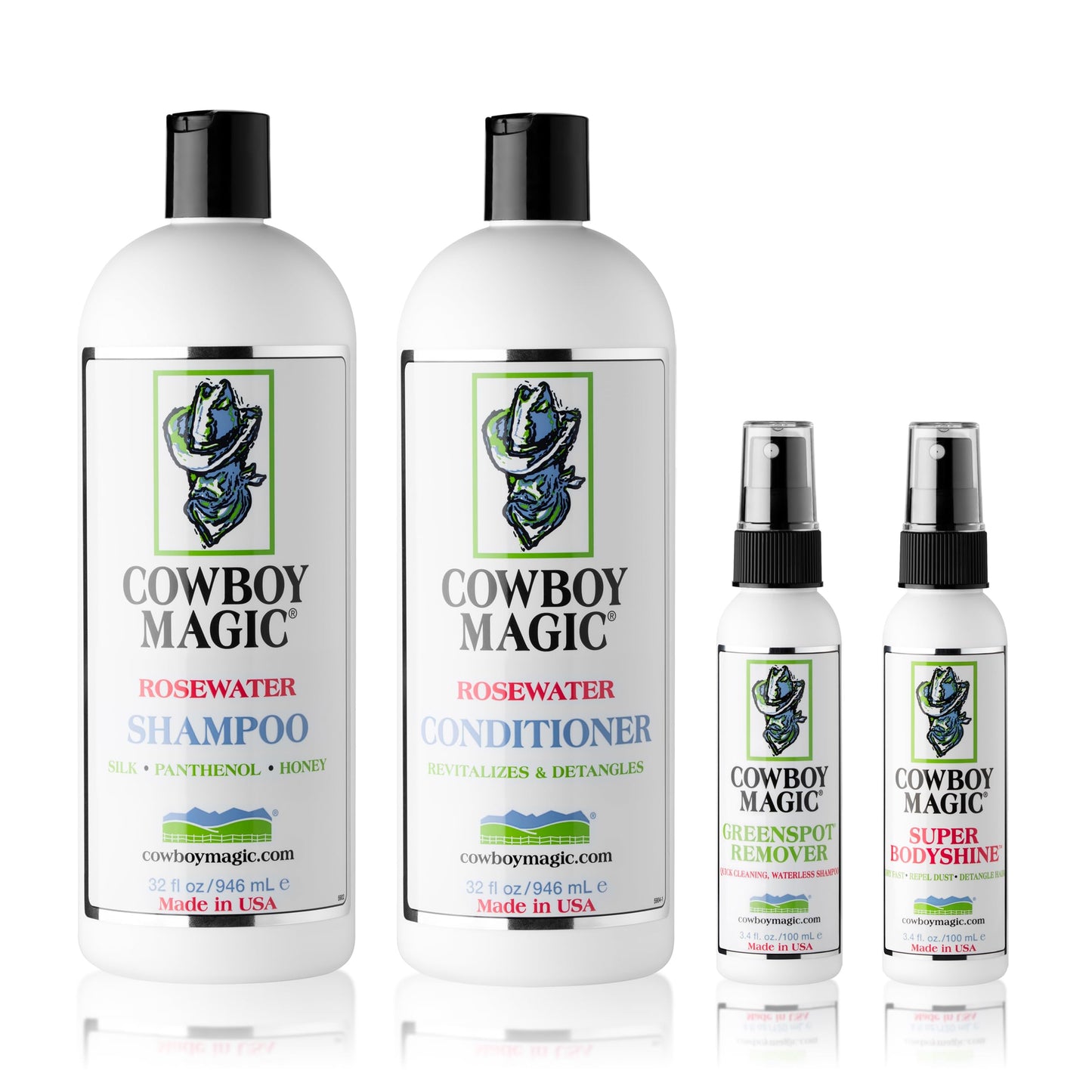 Cowboy Magic Show Ready LIMITED EDITION Box Set - 32 Oz Rosewater Shampoo, 32 Oz Conditioner, 4 Oz Greenspot Remover, 4 Oz Superbody Shine, and Bonus Beauty & Personal Care Cowboy Magic