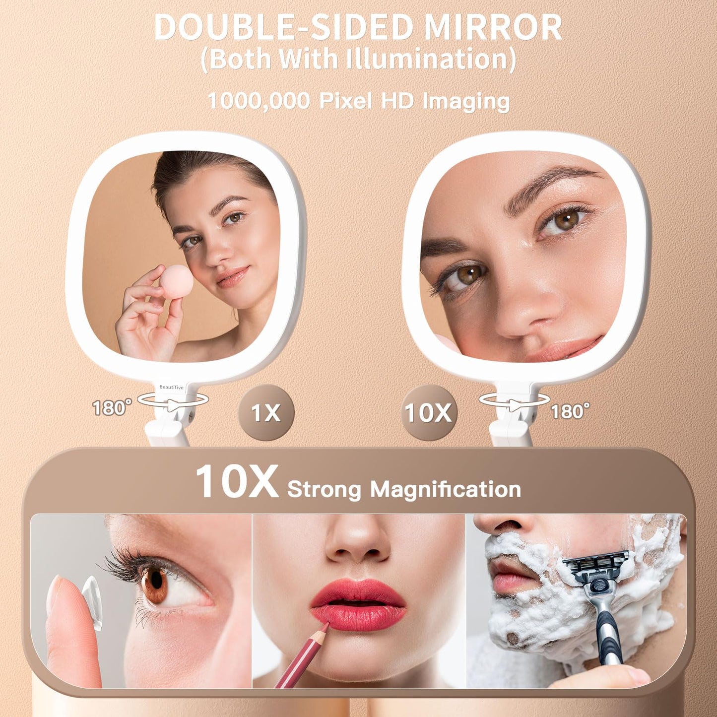 Beautifive 6.3” Makeup Mirror with Light and Magnification, 10X/1X Light Up Makeup Mirror Lighted Make Up Mirror with Adjustable Height Double Sides Beauty & Personal Care Beautifive