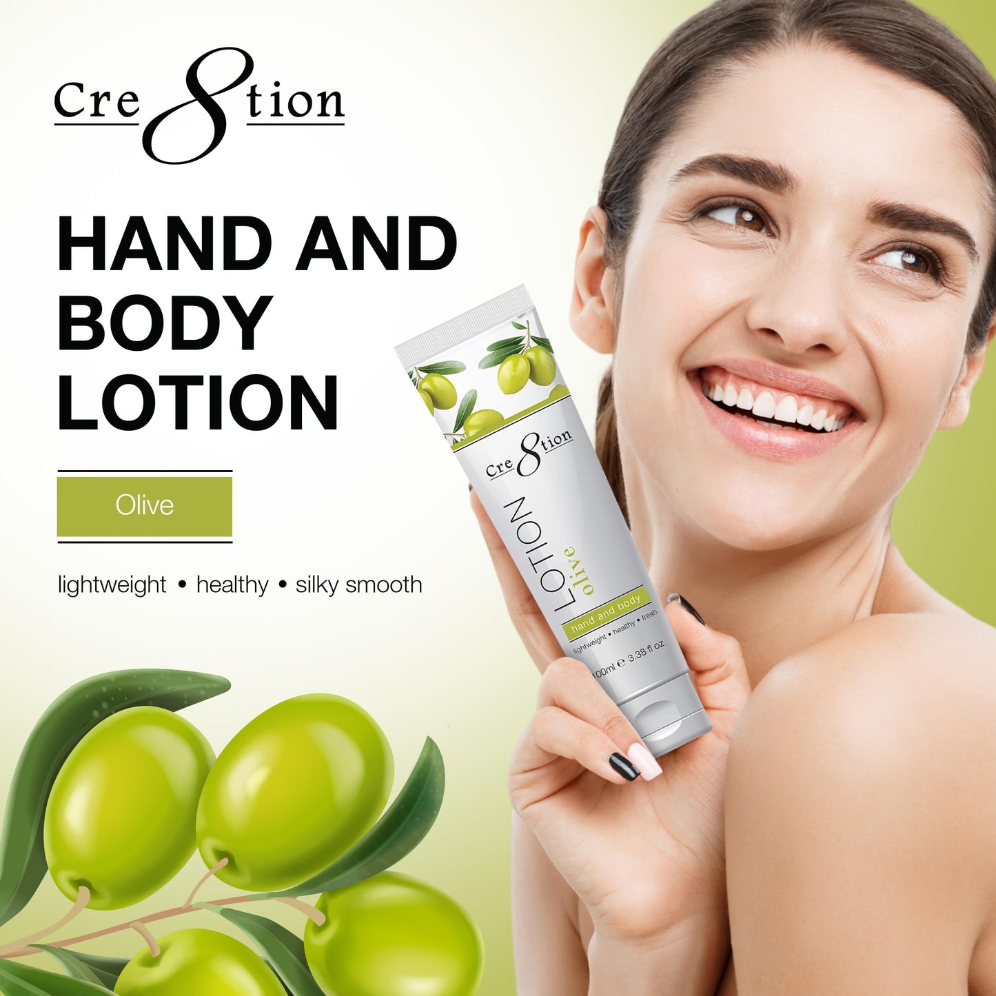 Cre8tion Spa Olive Hand & Body Lotion, Luxurious Lightweight Moisturizer for Silky, Smooth Skin, 3.3 Fl Oz Beauty & Personal Care Cre8tion