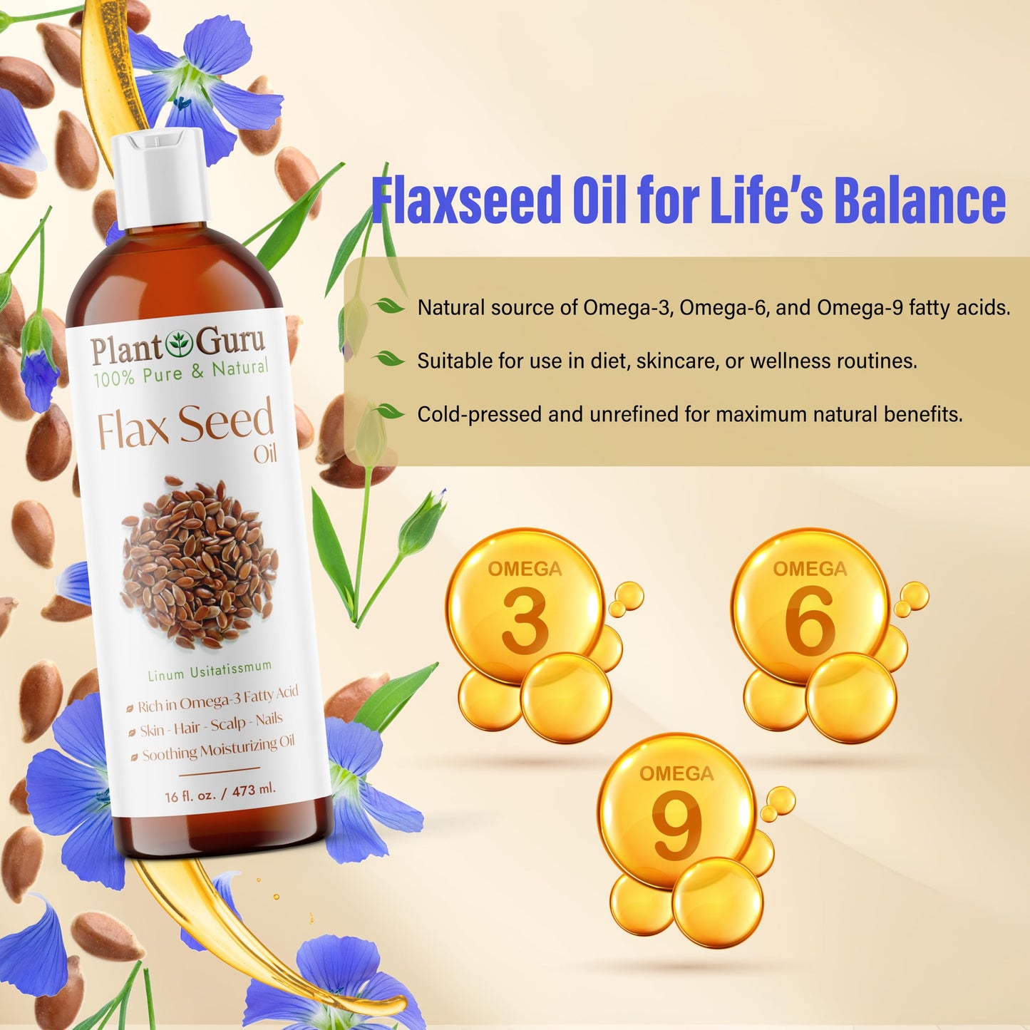 Plant Guru Flaxseed Oil 4 fl. oz. Unrefined Cold Pressed 100% Pure Natural Carrier For Skin, Face, Body Moisturizer, and Hair Growth. Beauty & Personal Care Plant Guru