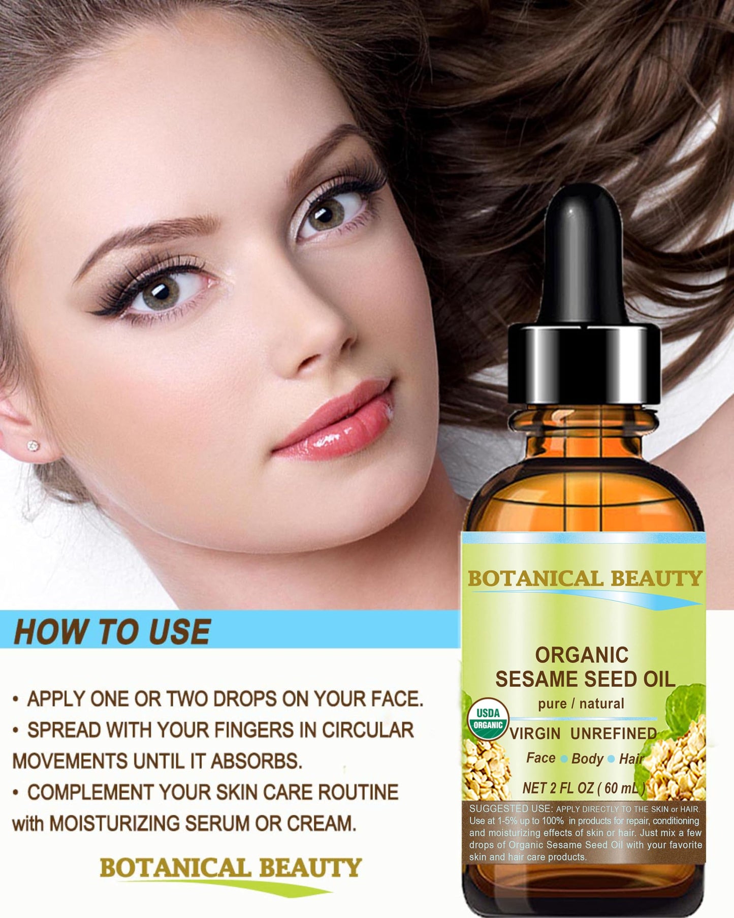 Botanical Beauty Organic SESAME SEED OIL 100% Pure Natural Virgin Unrefined Undiluted Cold Pressed Carrier Oil for Face, Skin, Body, Hair, Massage Beauty & Personal Care Botanical Beauty