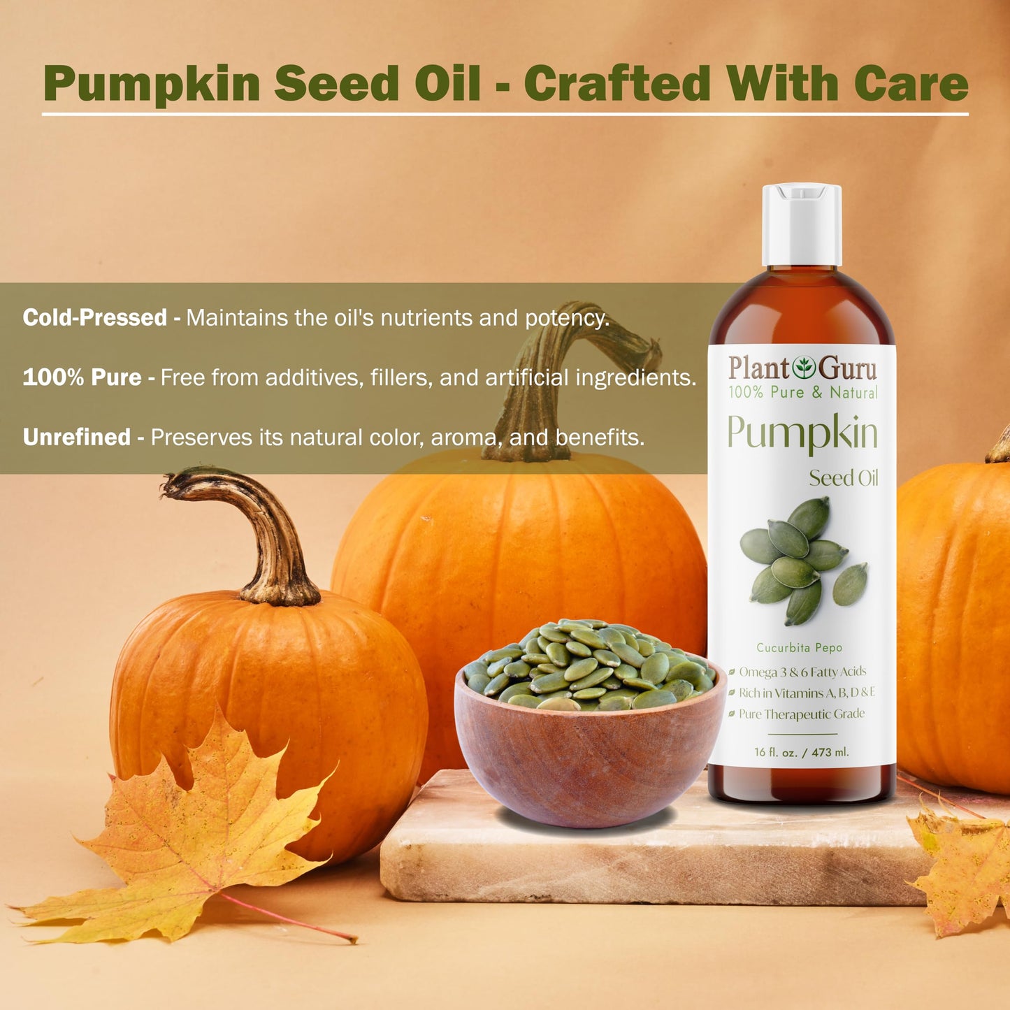 Plant Guru Pumpkin Seed Oil 16 oz. Virgin, Unrefined Cold Pressed 100% Pure Natural - Ideal for Skin, Face, Body, and Hair Moisturizer. Great for DIY Beauty & Personal Care Plant Guru