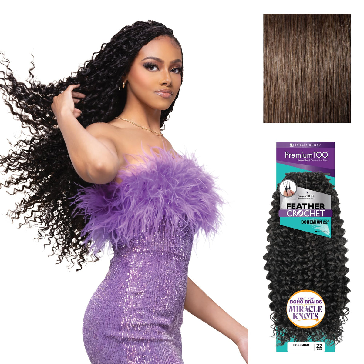 Sensationnel PremiumToo Feather Crochet Braids-Bohemian,22in, 4 MEDBROWN