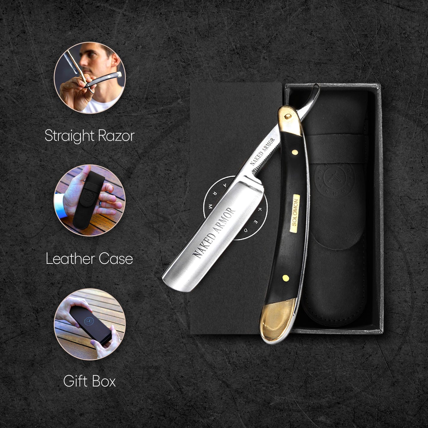 Naked Armor Luxury King Arthur Straight Razor - Shave Ready 7/8" Japanese Stainless Steel Straight Edge Razor with Real Gold Leaf Scale & Ebony Wood Beauty and Personal Care Naked Armor