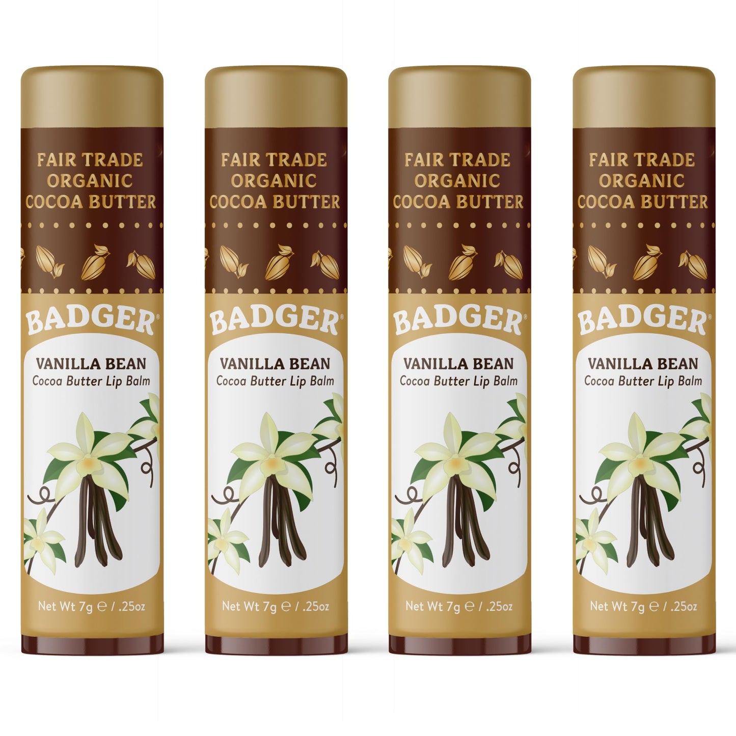 Badger Vanilla Bean Cocoa Butter Lip Balm, Long Lasting Hydrating Lip Care, 100% Organic Lip Balm, Large Size Stick, 4-pack Beauty and Personal Care Badger