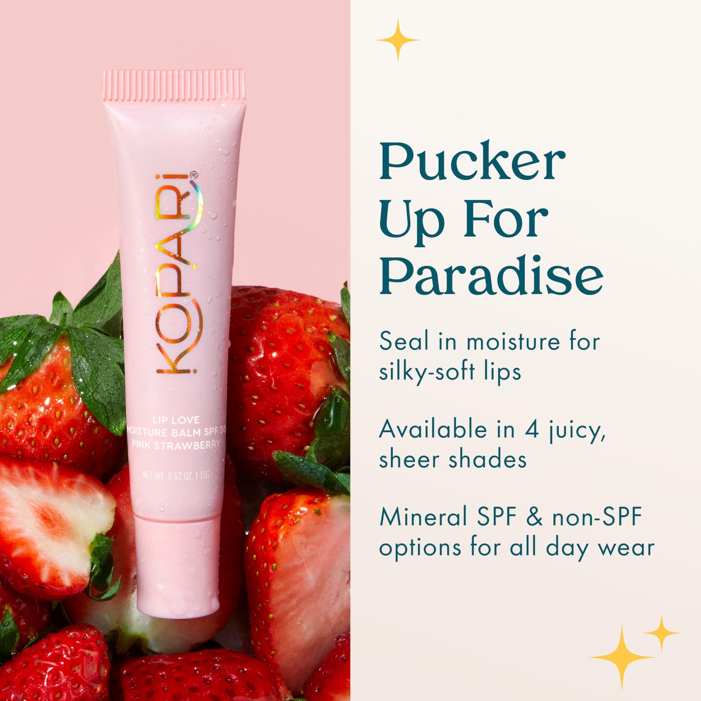 Kopari Lip Love Moisture Balm in Pink Strawberry SPF 30-100% Mineral Zinc Oxide Lip Sunscreen, Ceramide Hydrating Tinted Lip Balm, Clean Vegan Beauty and Personal Care Kopari