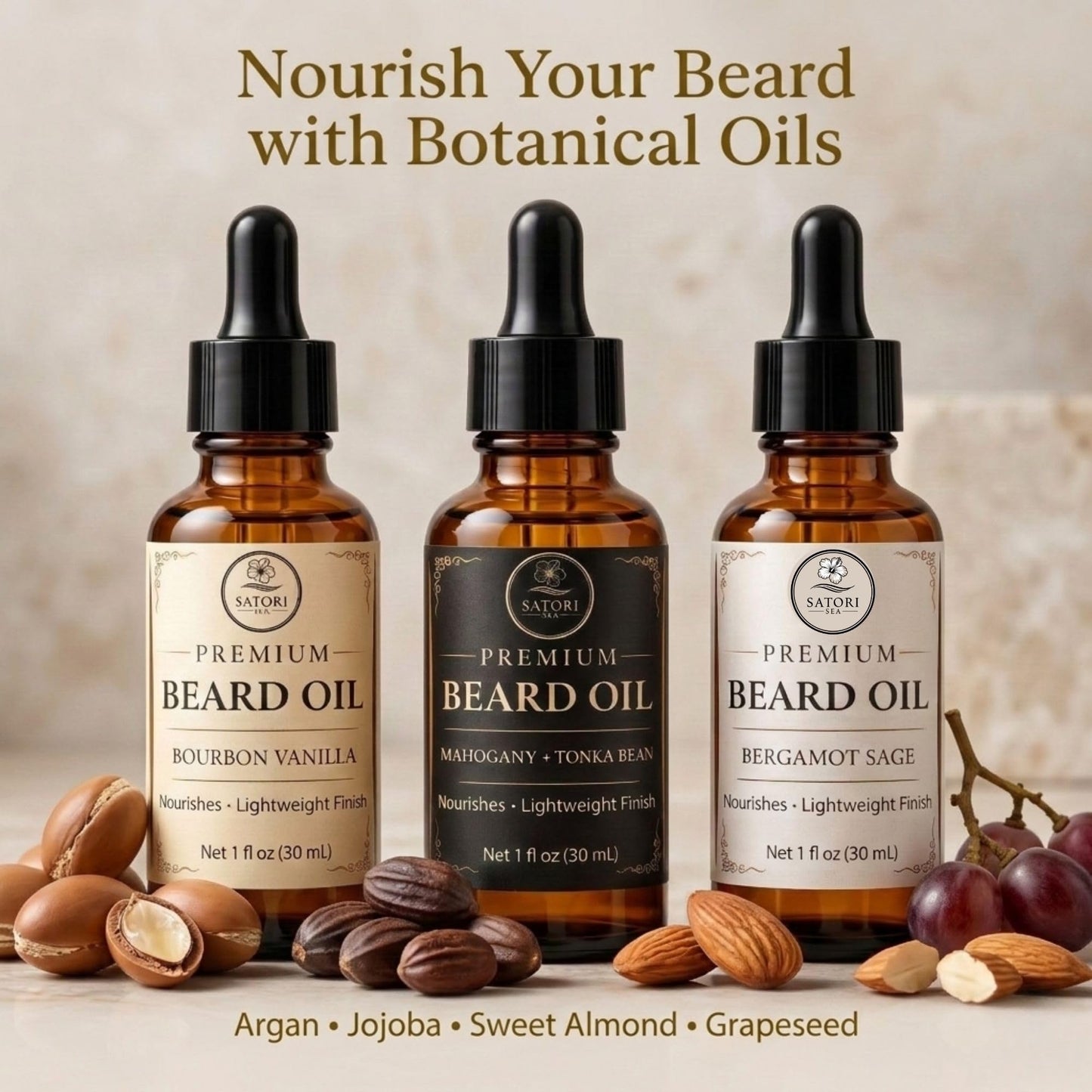 Satori Sea Beard Oil Variety Pack for Men - 3 Pack (Bourbon Vanilla, Mahogany Tonka Bean, Bergamot Sage) - Premium Beard Oil for Men - Moisturizing Beauty and Personal Care Satori Sea