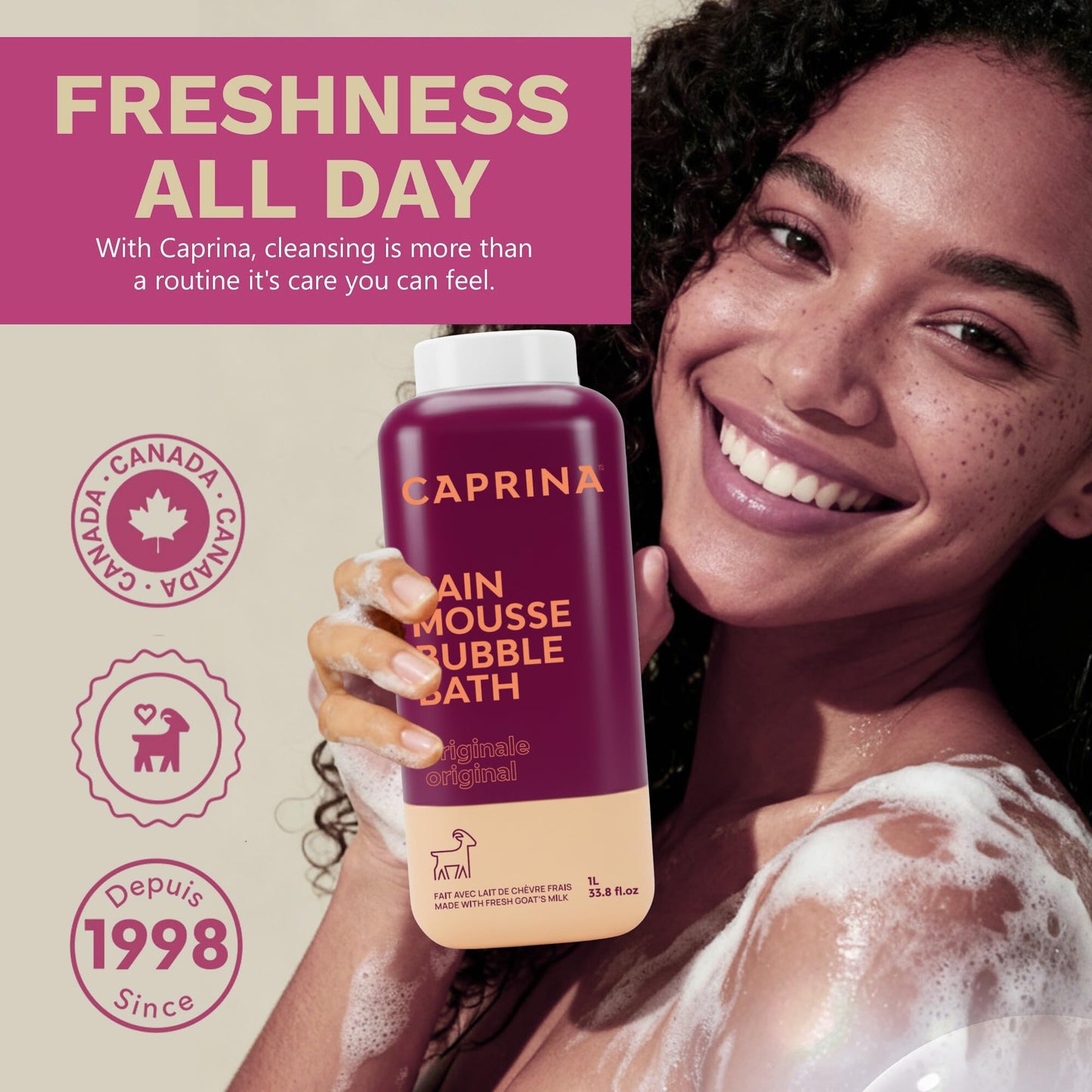 Caprina by Canus Goat Milk Bubble Bath, Original, 1 L (33.8 fl oz), Hydrating Relaxing Foam Bath, Moisturizing & Gentle on Skin, Made in Canada Beauty and Personal Care Caprina by Canus