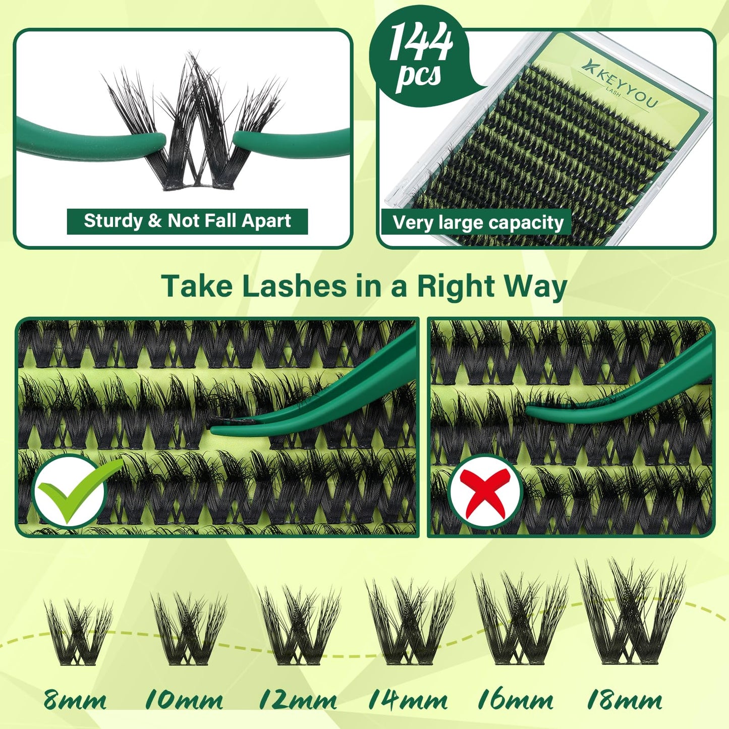 KEYYOU Lash Clusters 3D Effect Volume Eyelash Clusters Flaunt Style 144PCS D Curl Flora Wispy Look LengthLock 8-18mm Mix Ultra-Thin Black Band Beauty and Personal Care KEYYOU