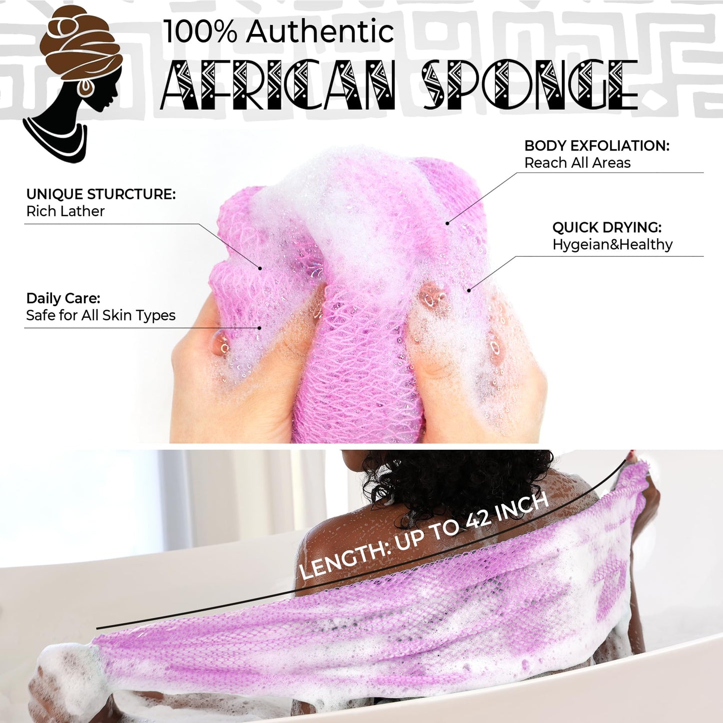 Authentic African Net Sponge 2 Pieces - Back Scrubber for Body - Seawave & Lilac Exfoliating Washcloth with Knots for Shower - Shower Exfoliator Beauty and Personal Care RelaxScene