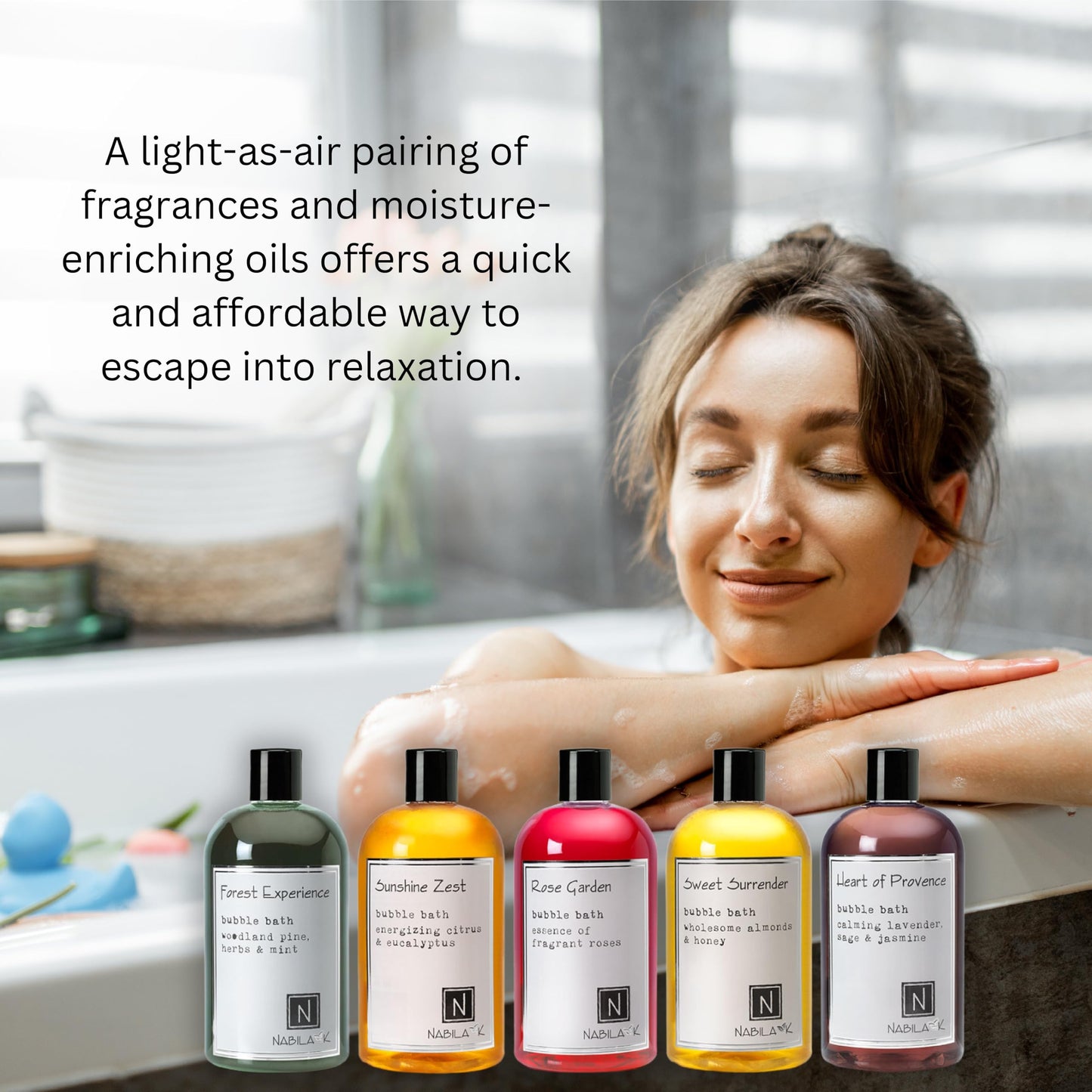 Nabila K Assorted Bubble Bath Collection (Set of 5) - Forest Experience, Rose Garden, Sunshine Zest, Sweet Surrender, Heart of Provence - Natural Beauty and Personal Care Nabila K