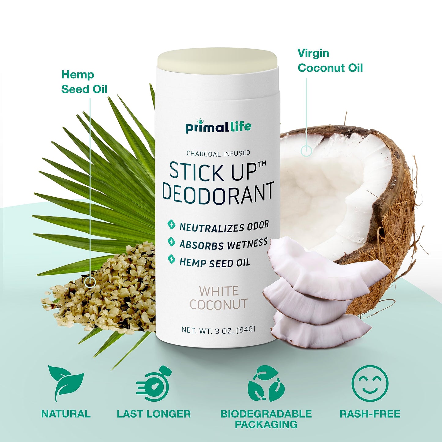 Stick Up Natural Deodorant for Women and Men with Bentonite Clay Powder, Arrowroot, Magnesium, Zinc, 3 oz. Vegan Deodorant for 3-4 months, White Beauty and Personal Care Primal Life Organics