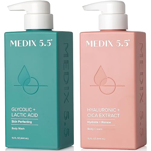 Medix 5.5 Exfoliating AHA Glycolic Acid Face & Body Wash Cleanser + Hyaluronic Acid Moisturizing Body Cream Lotion Skin Care 2PC Set | Alpha Hydroxy Beauty & Personal Care Medix 5.5