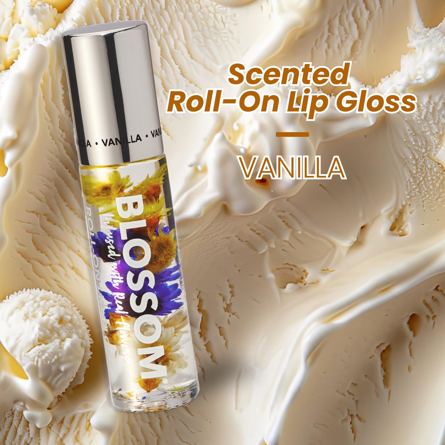 Blossom Roll on Lip Gloss, Scented Clear High Shine Moisturizing Lip Oil, Non Sticky, Infused with Real Flowers, Made in USA, 0.2oz, Vanilla Bean Beauty & Personal Care Blossom