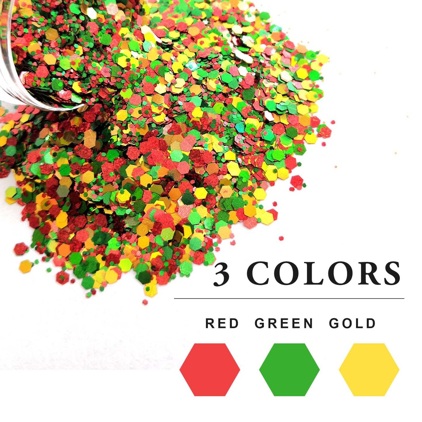 Red Green Gold Mixed Holographic Chunky Glitter, 13g (2 Jars x 6.5g) Crafts Glitter Powder with 10g Gel and Brush, Christmas Iridescent Nail Sequins Beauty & Personal Care Jremreo