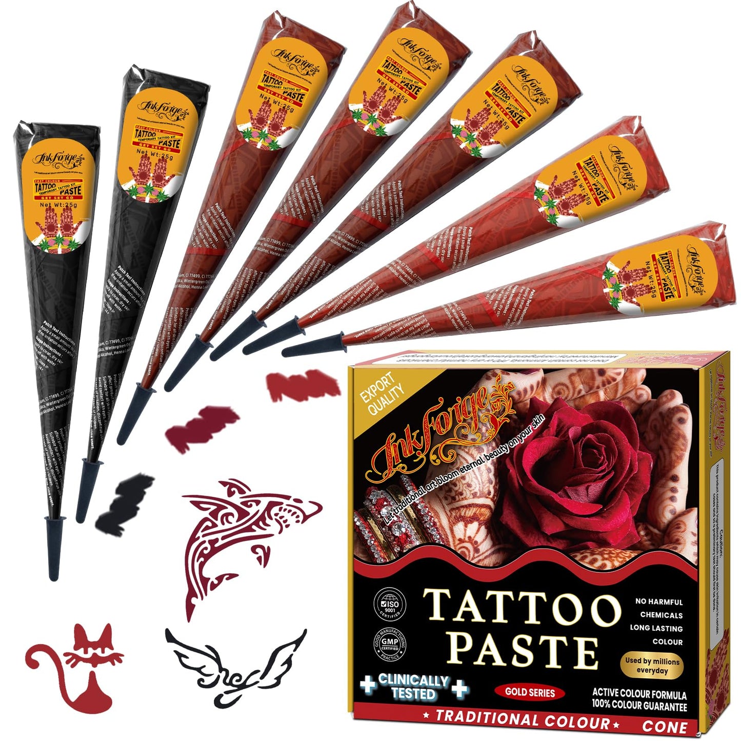 7 Pcs Temporary Tattoo Cone Kit, Tattoo Cones 3 Color (2 Black,2 Cherry Red,3 Reddish-Brown) ?India Body Art Skin Paint Tattoos Paste for Women, Men Beauty and Personal Care InkForge