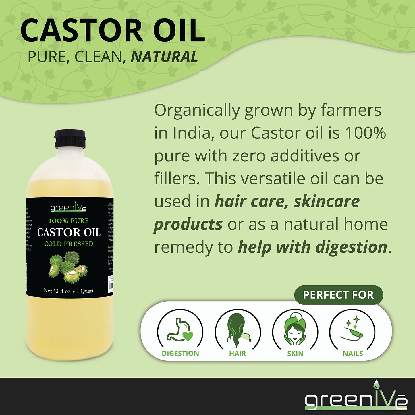 GreenIVe 100% Pure Castor Oil - Cold-Pressed, Hexane-Free - Hair, Eyebrows, Eyelashes, Skin Moisturizer, Castor Pack Wrap Oil Bulk Bottle (32 Fl oz) Beauty & Personal Care GreenIVe