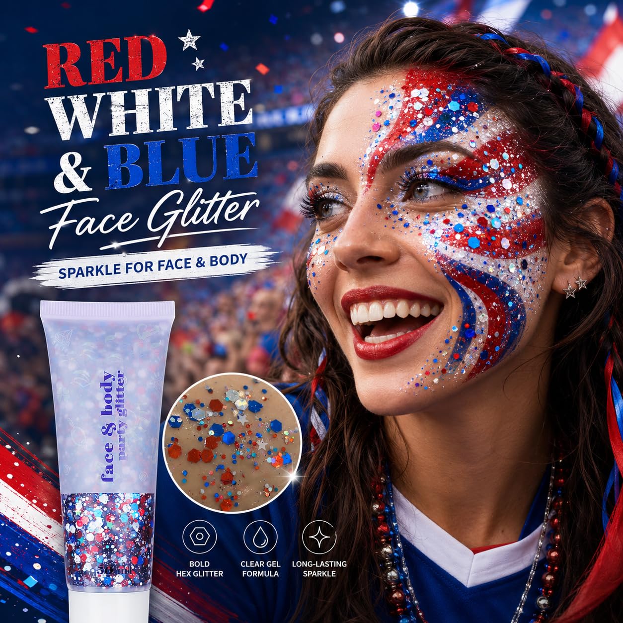 Faglowmify 4th of July Women&Kids Makeup Face Glitter Gel,Fourth of July Red White and Blue Accessories,Sparkle Festival Sparkling Rave Beauty & Personal Care faglowmify
