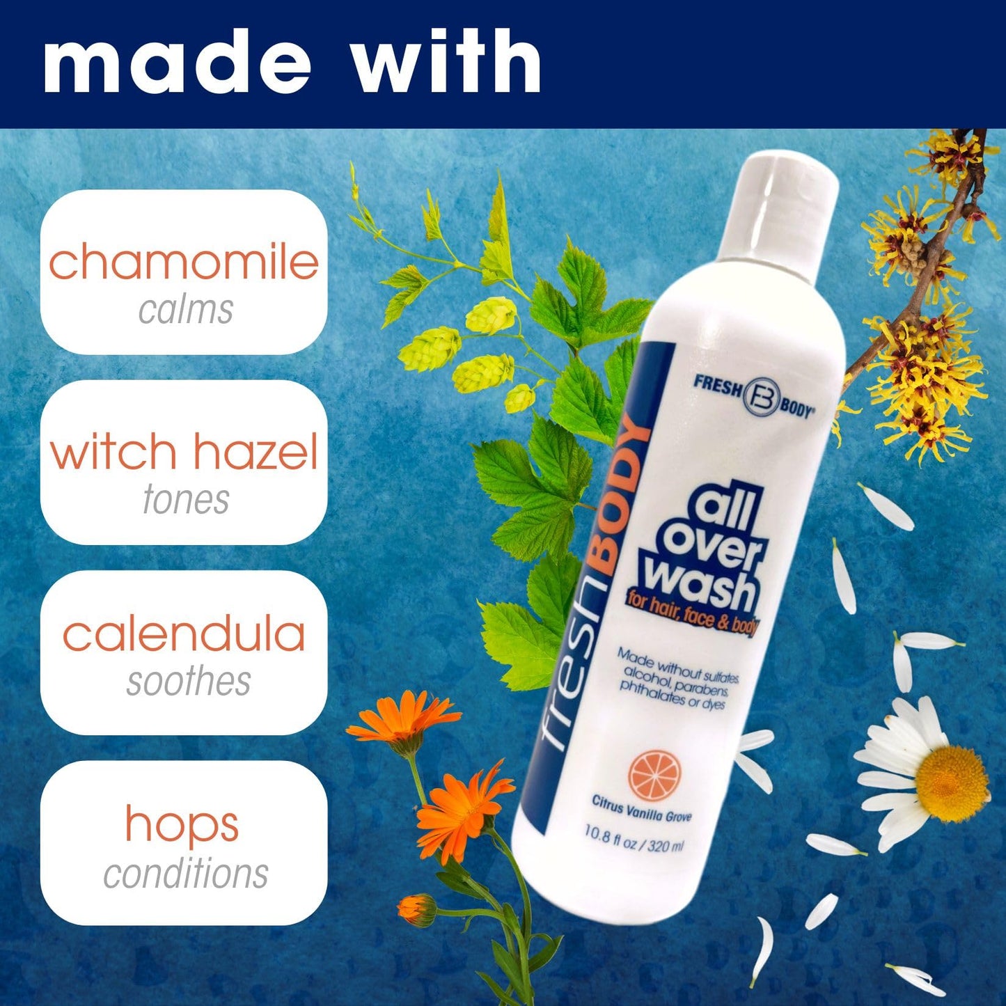 Fresh Body All Over Wash Travel Size Body Wash & Shampoo for Men & Women (3 Pack) - Citrus Vanilla Grove Shower Gel for Hair, Face & Body, 3.4oz - No Beauty & Personal Care Fresh Body FB