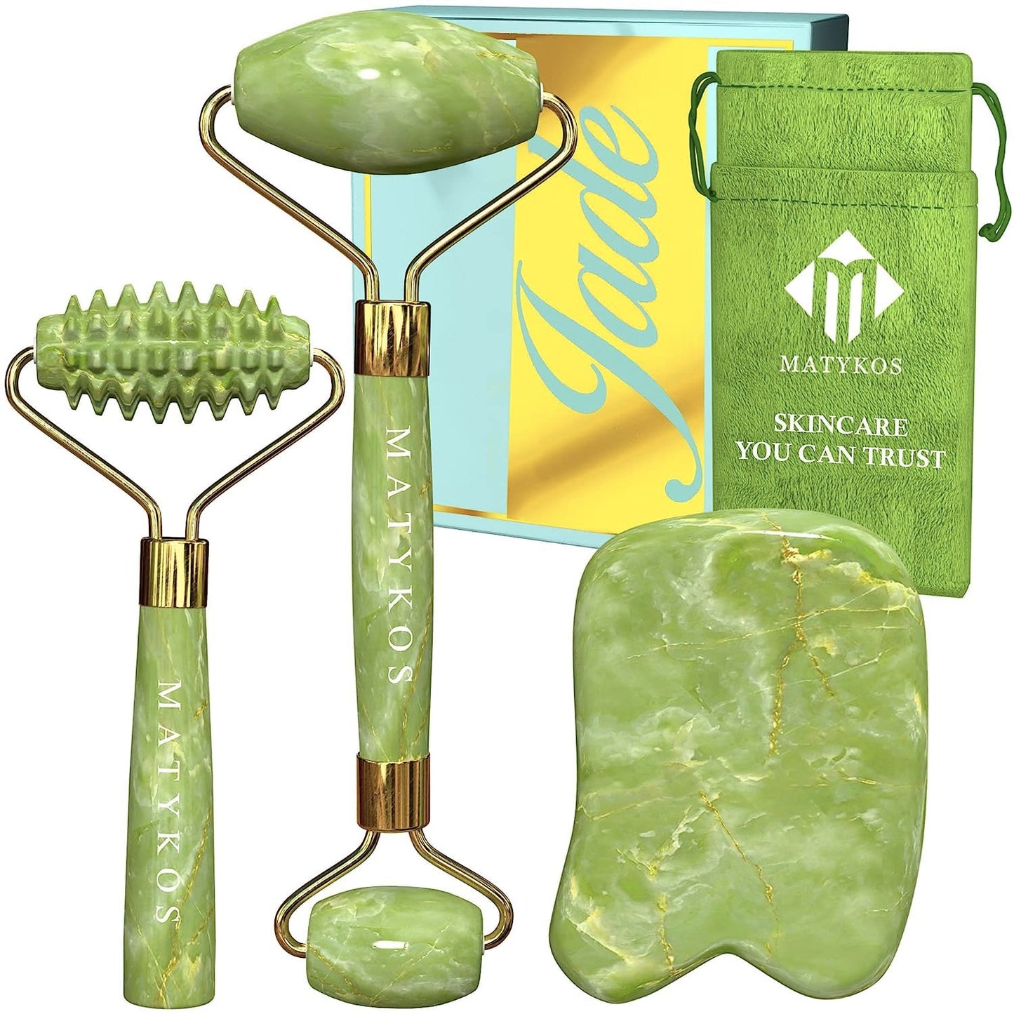 Matykos Jade Roller for Face and Gua Sha Set - 2 Anti-Aging Facial Rollers and Gua-Sha Facial Tool - Face and Body Massager for Your Skincare Routine Beauty & Personal Care Matykos